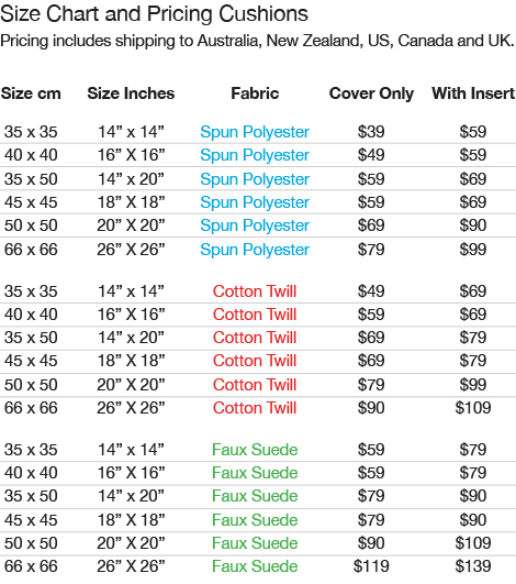 Cushion Size Chart